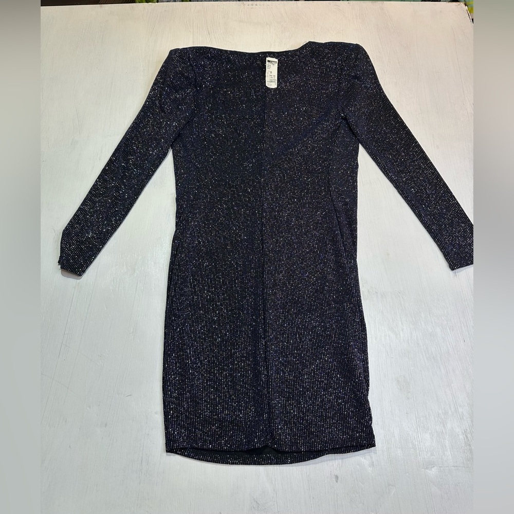 Y2K Navy Metallic Bodycon Dress Cowl Neck Night Out Glam Size S Made In USA - Picture 6 of 10